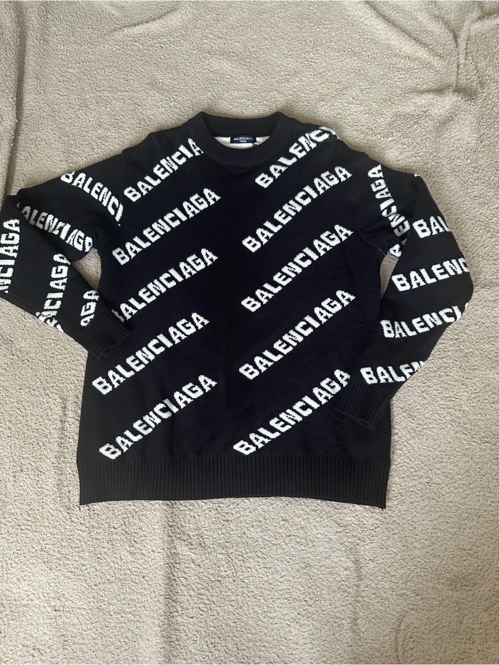 BALENCIAGA PARIS All Over Logo Jacquard Knit Crewneck Sweater Black White Unisex